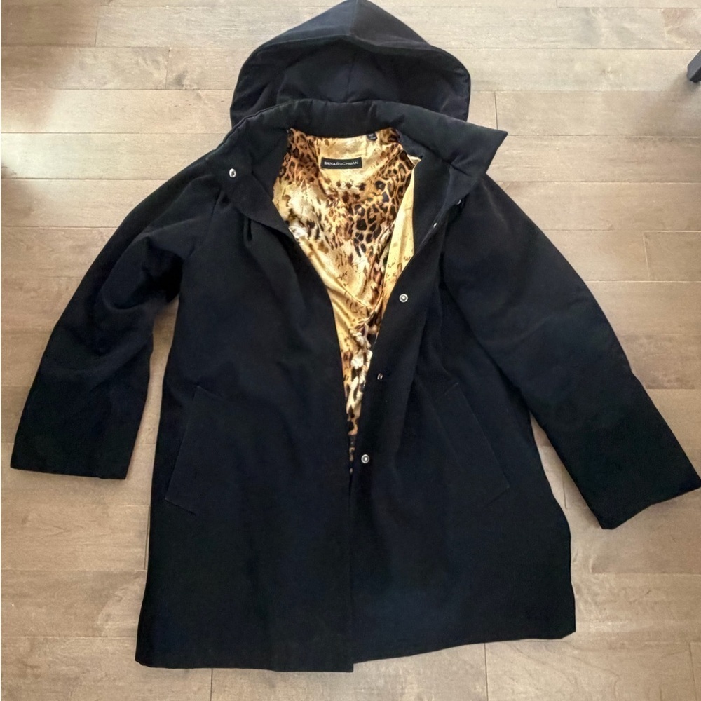 Dana Buchman Black Trench Coat with Leopard Lining